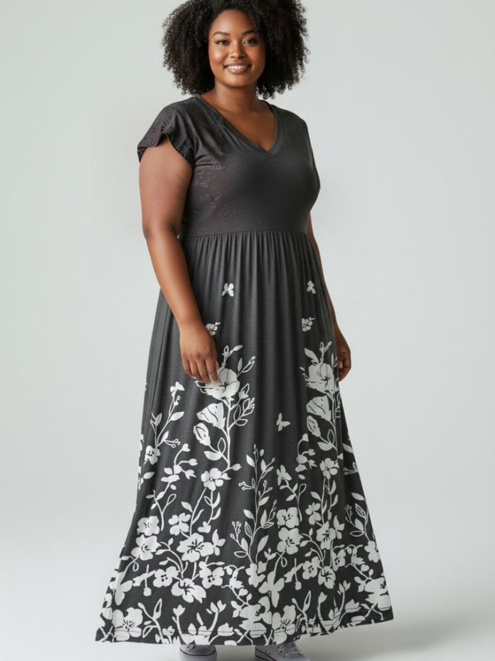 Fantaslook Women's High Waisted Floral Maxi Dress - Charcoal Grey/White (Size L)